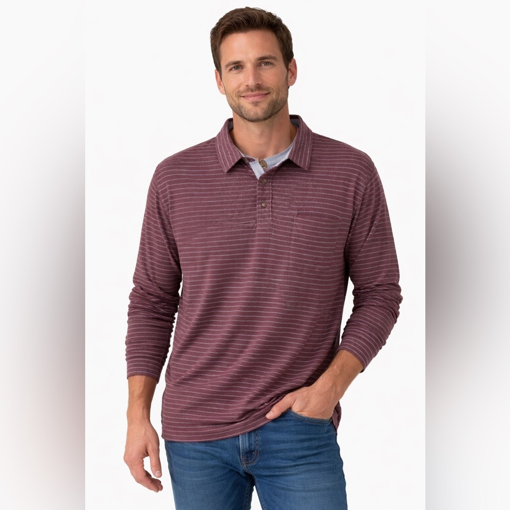 425 Men's Faherty Long Sleeve Striped Polo Size XXL Color Maroon Grey